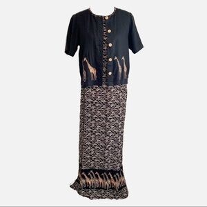 Vintage Stonebridge Safari Giraffe Jungle Tropical Maxi Dress & Linen Jacket Set